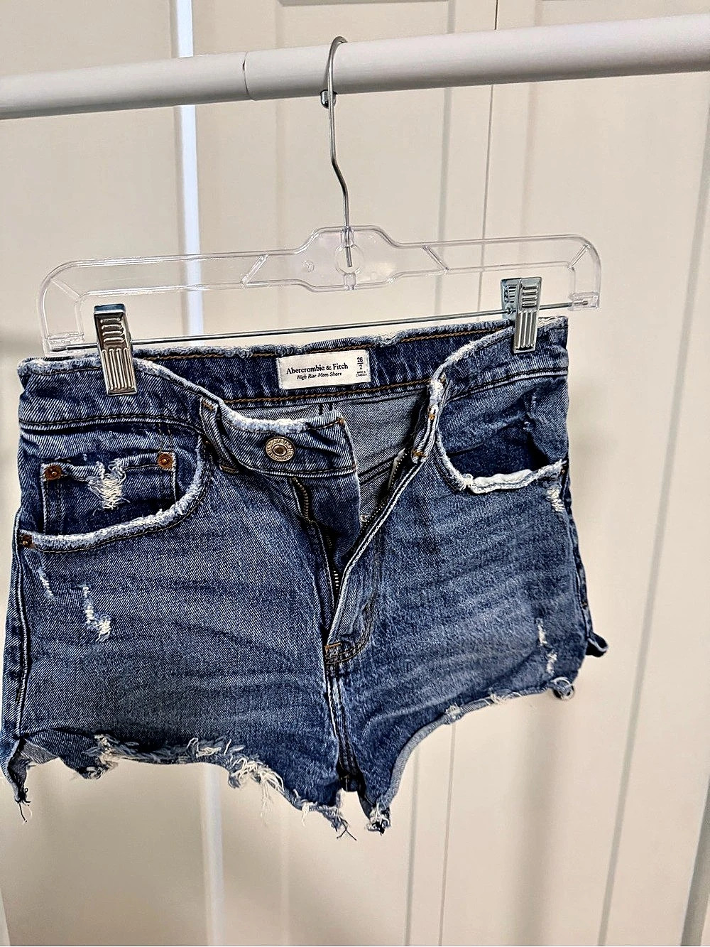 Abercrombie & Fitch High Rise Mom Short Distressed High Rise Jean Shorts Blue